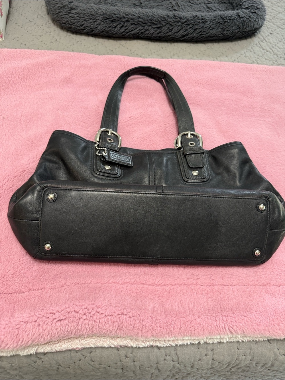 Coach Black Leather Double-Handle Tote with Silver Hardware